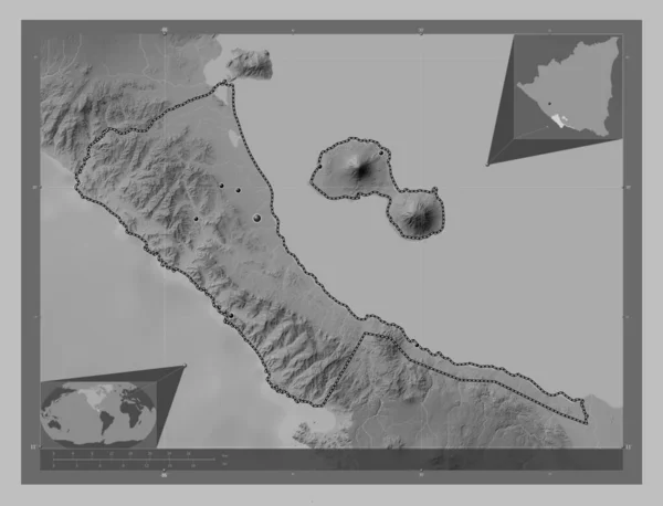 Rivas Departement Nicaragua Grayscale Hoogte Kaart Met Meren Rivieren Locaties — Stockfoto