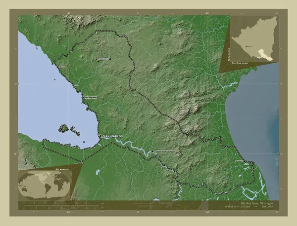Rio San Juan 尼加拉瓜省 用Wiki风格绘制的带有湖泊和河流的高程地图 该区域主要城市的地点和名称 角辅助位置图 — 图库照片