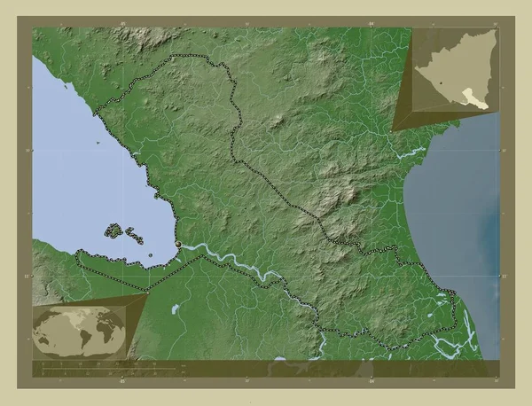 Rio San Juan 尼加拉瓜省 用Wiki风格绘制的带有湖泊和河流的高程地图 角辅助位置图 — 图库照片