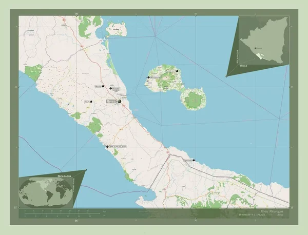 里瓦斯 尼加拉瓜省 开放街道地图 该区域主要城市的地点和名称 角辅助位置图 — 图库照片