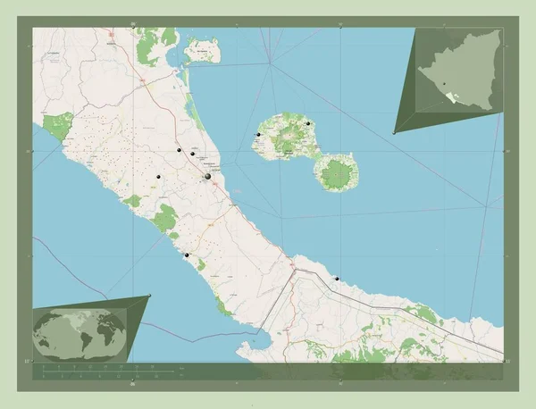 里瓦斯 尼加拉瓜省 开放街道地图 该区域主要城市的所在地点 角辅助位置图 — 图库照片