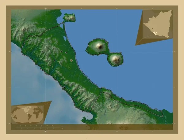 Rivas Departament Nikaragui Kolorowa Mapa Wzniesień Jeziorami Rzekami Lokalizacje Dużych — Zdjęcie stockowe