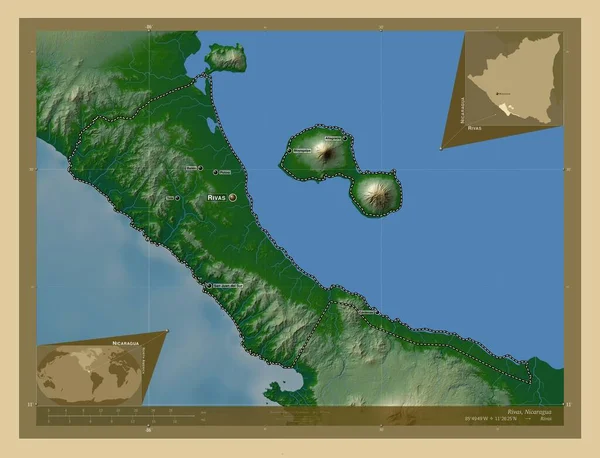 里瓦斯 尼加拉瓜省 有湖泊和河流的彩色高程图 该区域主要城市的地点和名称 角辅助位置图 — 图库照片