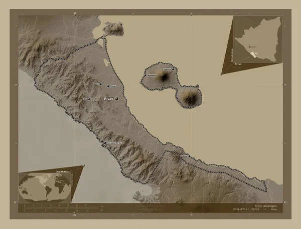 Ривас Департамент Никарагуа Карта Высоты Окрашенная Сепиевые Тона Озерами Реками — стоковое фото