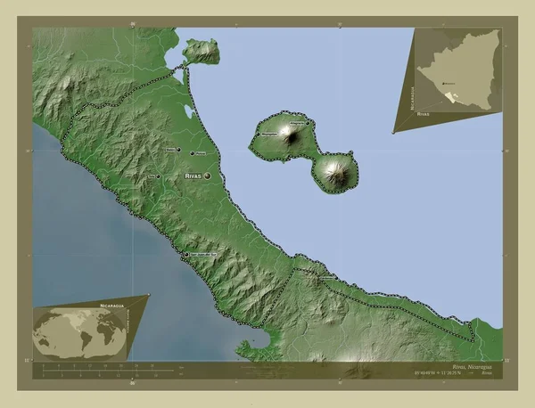 ニカラグアのリバスだ 湖や川とWikiスタイルで着色された標高マップ 地域の主要都市の位置と名前 コーナー補助位置図 — ストック写真