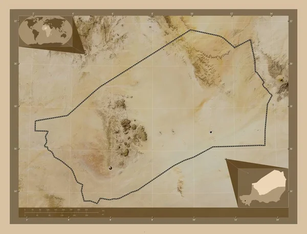 Agadez Departamento Níger Mapa Satelital Baja Resolución Ubicaciones Las Principales — Foto de Stock