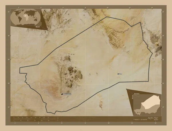 Agadez 尼日尔省 低分辨率卫星地图 该区域主要城市的地点和名称 角辅助位置图 — 图库照片