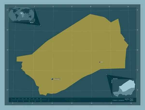 アガデス ニジェールの部門 しっかりした色の形 地域の主要都市の位置と名前 コーナー補助位置図 — ストック写真