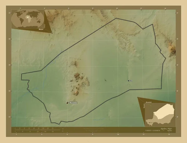 Agadez 尼日尔省 有湖泊和河流的彩色高程图 该区域主要城市的地点和名称 角辅助位置图 — 图库照片