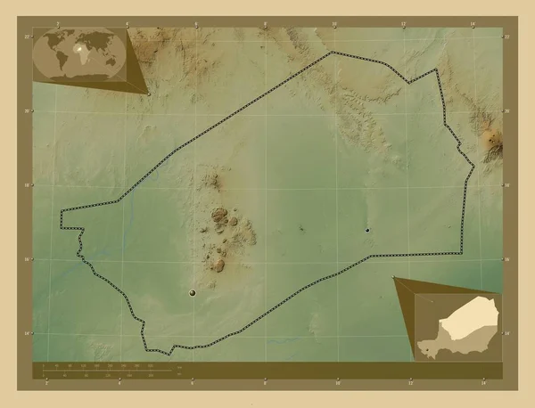 Agadez Departament Nigru Kolorowa Mapa Wzniesień Jeziorami Rzekami Lokalizacje Dużych — Zdjęcie stockowe