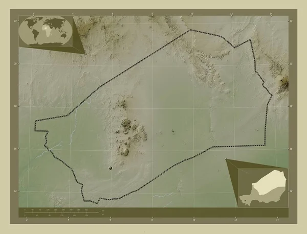 Agadez 尼日尔省 用Wiki风格绘制的带有湖泊和河流的高程地图 角辅助位置图 — 图库照片