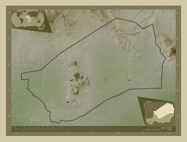 Agadez 尼日尔省 用Wiki风格绘制的带有湖泊和河流的高程地图 该区域主要城市的地点和名称 角辅助位置图 — 图库照片