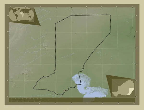 尼日尔省 用Wiki风格绘制的带有湖泊和河流的高程地图 角辅助位置图 — 图库照片