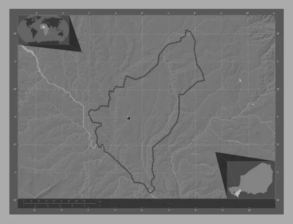 Dosso Niger Megye Kétszintes Domborzati Térkép Tavakkal Folyókkal Saroktérképek Kiegészítő — Stock Fotó