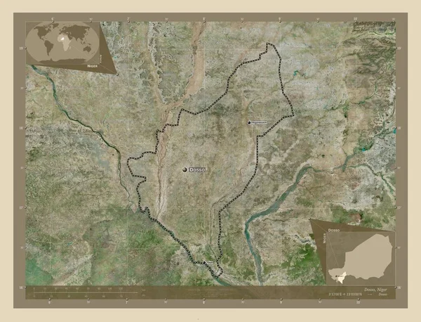 ドッソ ニジェールの部門 高解像度衛星地図 地域の主要都市の位置と名前 コーナー補助位置図 — ストック写真