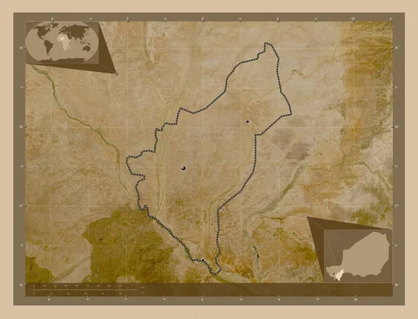 尼日尔省 低分辨率卫星地图 该区域主要城市的所在地点 角辅助位置图 — 图库照片