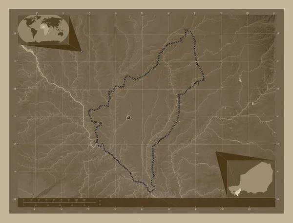 Dosso Departement Niger Hoogtekaart Gekleurd Sepia Tinten Met Meren Rivieren — Stockfoto