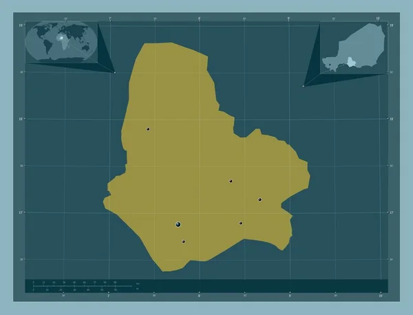 ニジェール省のマラディです しっかりした色の形 地域の主要都市の場所 コーナー補助位置図 — ストック写真