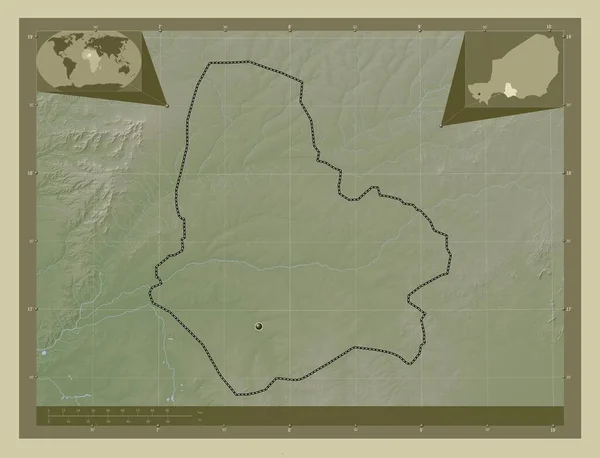 尼日尔省的马拉迪 用Wiki风格绘制的带有湖泊和河流的高程地图 角辅助位置图 — 图库照片