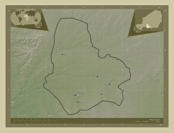 尼日尔省的马拉迪 用Wiki风格绘制的带有湖泊和河流的高程地图 该区域主要城市的地点和名称 角辅助位置图 — 图库照片