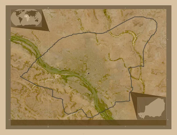 ニジェールの首都圏ニアメー 低解像度衛星地図 地域の主要都市の場所 コーナー補助位置図 — ストック写真