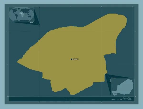 ニジェールの首都圏ニアメー しっかりした色の形 地域の主要都市の位置と名前 コーナー補助位置図 — ストック写真