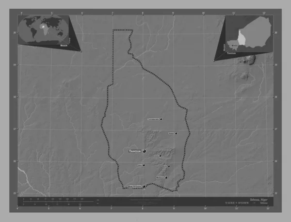Tahoua Departamento Níger Mapa Elevación Bilevel Con Lagos Ríos Ubicaciones —  Fotos de Stock