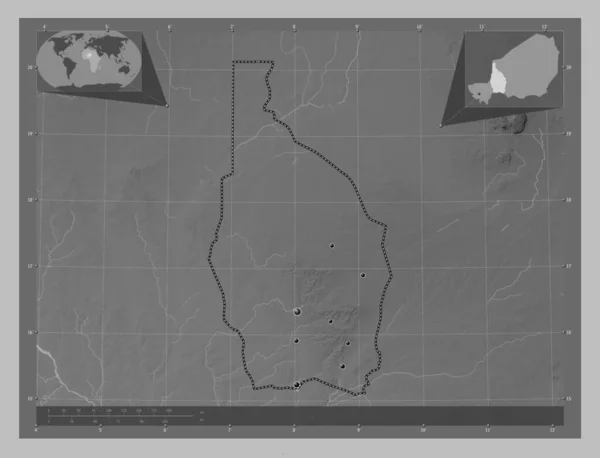 Tahoua Department Niger Grayscale Elevation Map Lakes Rivers Locations Major — Stock Photo, Image