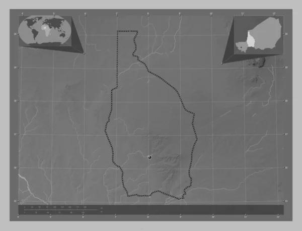 Tahoua Department Niger Grayscale Elevation Map Lakes Rivers Corner Auxiliary — Stock Photo, Image