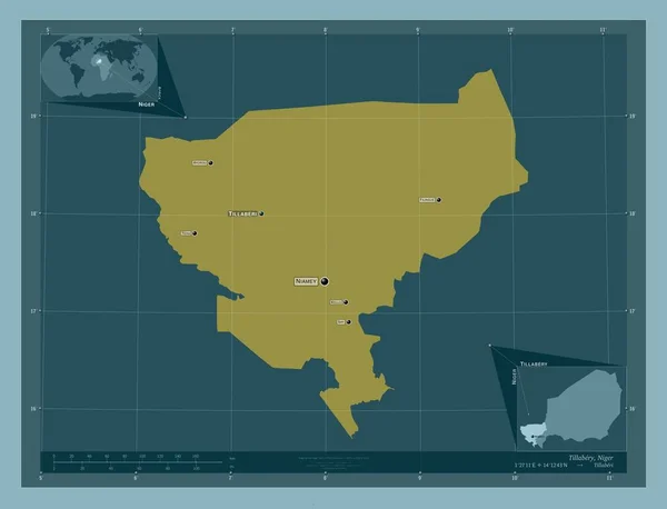 ティラベリー ニジェールの部門 しっかりした色の形 地域の主要都市の位置と名前 コーナー補助位置図 — ストック写真