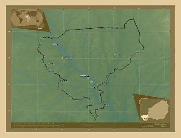 ティラベリー ニジェールの部門 湖や川と色の標高マップ 地域の主要都市の位置と名前 コーナー補助位置図 — ストック写真