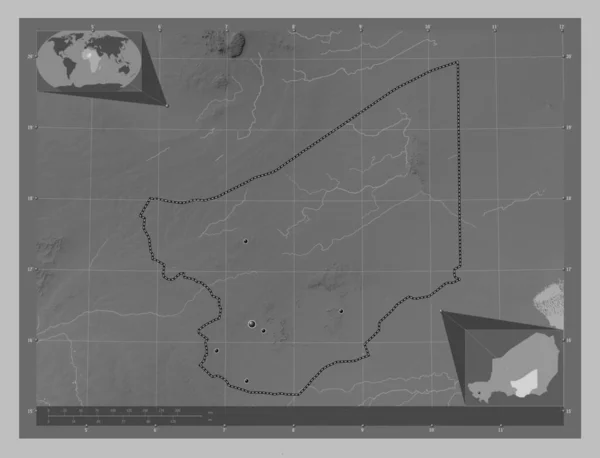 Zinder Departement Niger Grayscale Hoogte Kaart Met Meren Rivieren Locaties — Stockfoto