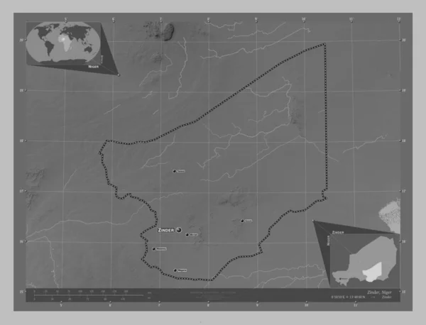 Zinder Niger Megye Szürkeárnyas Térkép Tavakkal Folyókkal Régió Nagyvárosainak Elhelyezkedése — Stock Fotó