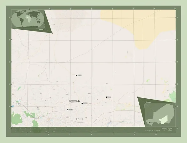 津德尔 尼日尔省 开放街道地图 该区域主要城市的地点和名称 角辅助位置图 — 图库照片