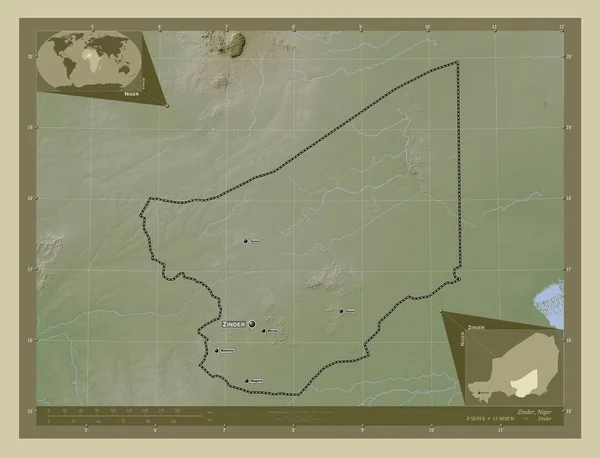 津德尔 尼日尔省 用Wiki风格绘制的带有湖泊和河流的高程地图 该区域主要城市的地点和名称 角辅助位置图 — 图库照片
