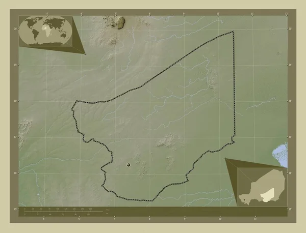 津德尔 尼日尔省 用Wiki风格绘制的带有湖泊和河流的高程地图 角辅助位置图 — 图库照片