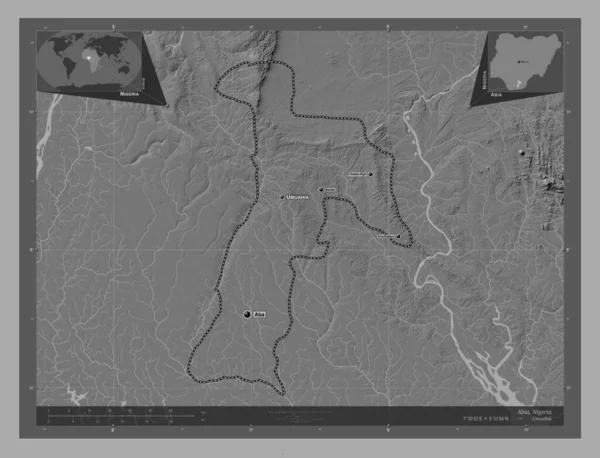アビア ナイジェリアの状態 湖や川と二階の標高マップ 地域の主要都市の位置と名前 コーナー補助位置図 — ストック写真
