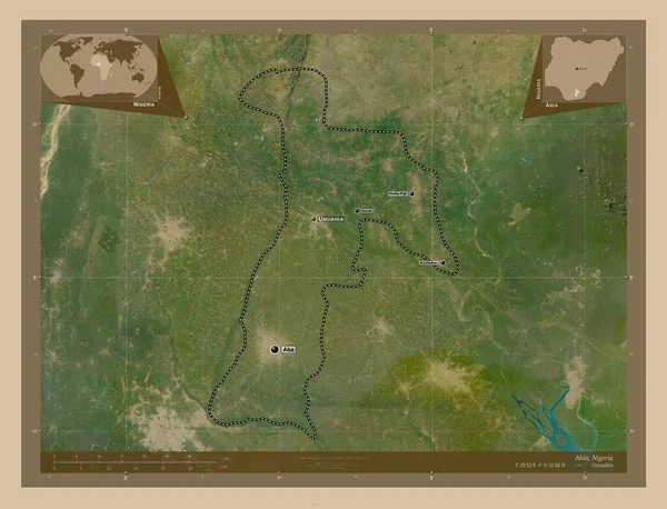 アビア ナイジェリアの状態 低解像度衛星地図 地域の主要都市の位置と名前 コーナー補助位置図 — ストック写真