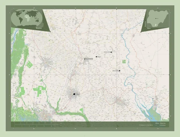 アビア ナイジェリアの状態 ストリートマップを開く 地域の主要都市の位置と名前 コーナー補助位置図 — ストック写真