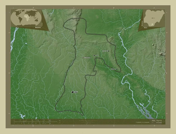 アビア ナイジェリアの状態 湖や川とWikiスタイルで着色された標高マップ 地域の主要都市の位置と名前 コーナー補助位置図 — ストック写真