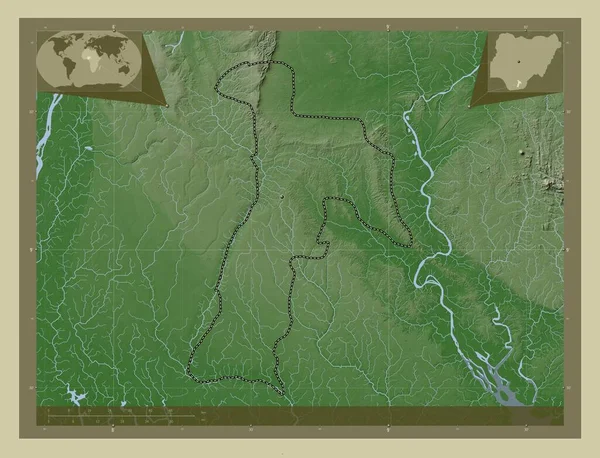 Abia State Nigeria 用Wiki风格绘制的带有湖泊和河流的高程地图 角辅助位置图 — 图库照片