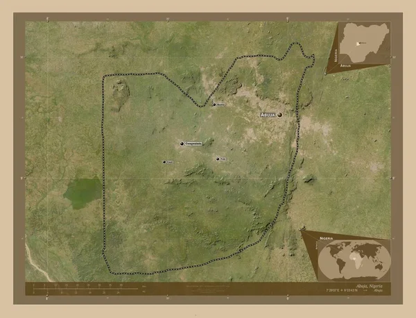 Abuja, Nijerya 'nın federal başkenti. Düşük çözünürlüklü uydu. Bölgenin büyük şehirlerinin yerleri ve isimleri. Köşedeki yedek konum haritaları