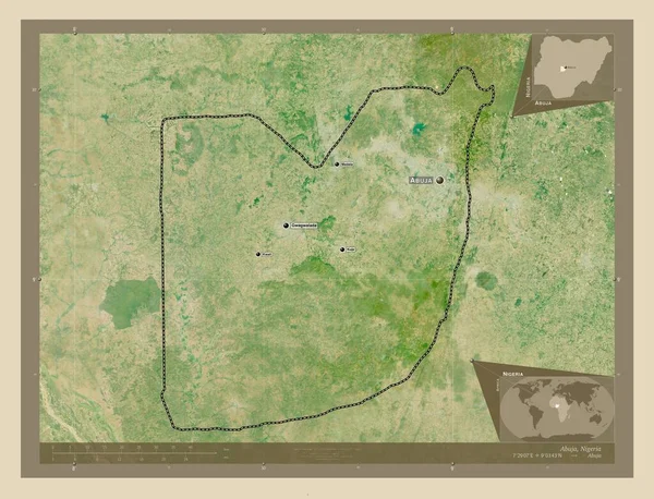 阿布贾 尼日利亚的联邦首都地区 高分辨率卫星地图 该区域主要城市的地点和名称 角辅助位置图 — 图库照片