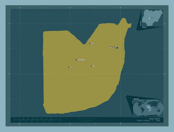阿布贾 尼日利亚的联邦首都地区 固体的颜色形状 该区域主要城市的地点和名称 角辅助位置图 — 图库照片