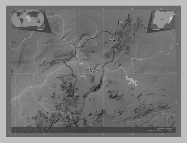 Adamawa State Nigeria Grayscale Elevation Map Lakes Rivers Locations Names — Stock Photo, Image