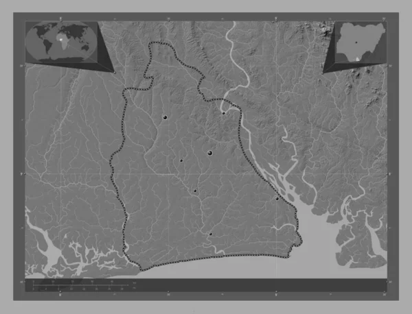 Akwa Ibom Stan Nigeria Dwupoziomowa Mapa Jeziorami Rzekami Lokalizacje Dużych — Zdjęcie stockowe