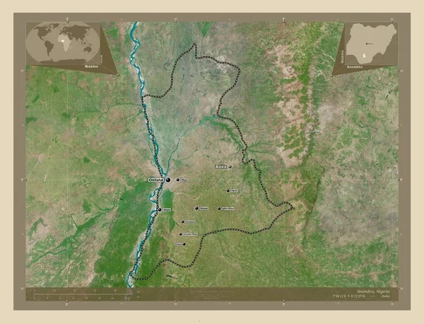 阿南布拉 尼日利亚州 高分辨率卫星地图 该区域主要城市的地点和名称 角辅助位置图 — 图库照片