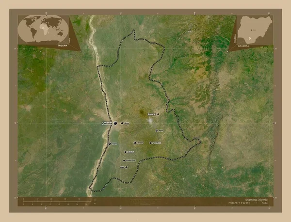 アンブラ Anambra ナイジェリアの国家 低解像度衛星地図 地域の主要都市の位置と名前 コーナー補助位置図 — ストック写真