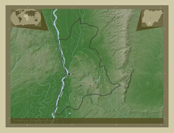 阿南布拉 尼日利亚州 用Wiki风格绘制的带有湖泊和河流的高程地图 该区域主要城市的所在地点 角辅助位置图 — 图库照片