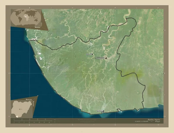 Bayelsa Stan Nigeria Mapa Satelity Wysokiej Rozdzielczości Lokalizacje Nazwy Głównych — Zdjęcie stockowe